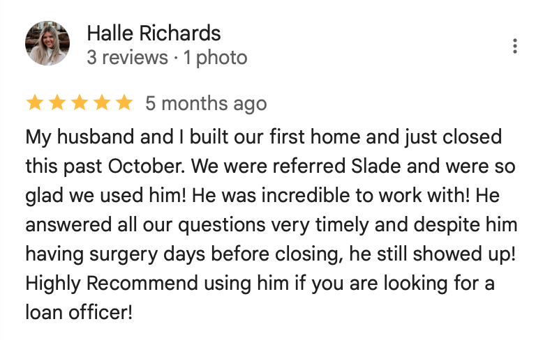 5-star review from Halle Richards about excellent service even before closing